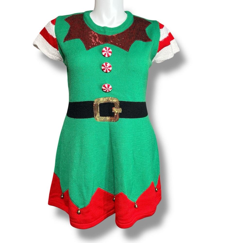 Holiday Time Womens Christmas Elf Fit and Flare Sweater Dress Festive Sequin XL